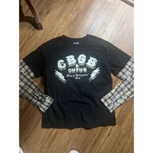 CBGB Classic Logo T-Shirt Black Upcycled Flannel Sleeves Size medium
